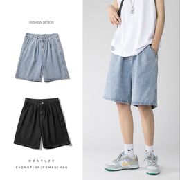 Wide Leg Baggy Denim Shorts Men Summer Thin Solid Color Casual Loose Simple Knee-length Five-point Pants Male Jeans Shorts 240307