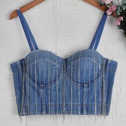 Women's Tanks Women Corset Tops Denim Bra Clothing Elegant Crop Top Sexy Party Bustier Tassel Chain Vest Camis Cropped Fashion Female Tank