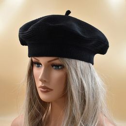 Women Black Berets Fashion Solid Colour Cotton Knitted With Ladies Beanie Beret cap Winter warm textured beret hat 240229