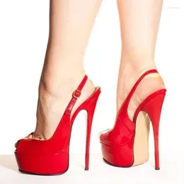 Dress Shoes 14cm Peep Toe Platform Women Slingback Pump Red Patent Leather Hollow Stiletto High Heels Plus Size 45