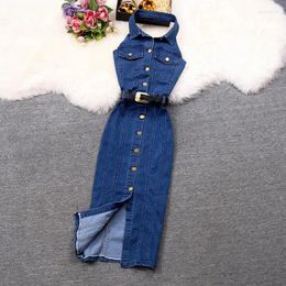 Casual Dresses Denim Backless Halter Dress Single Breasted Sashes Women Fashion Jeans 2024 Summer Ladies Retro Party Chic