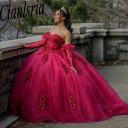 Fuchsia Feathers Detachable Sleeve Quinceanera Dresses Ball Gown Beading Crystal Appliques Lace Princess for Sweet 15 Birthday