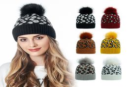 Leopard Knitted Hat Pom Fur Ball Beanies Women Winter Wool Knitting Hats Outdoor Keep Warm Beanie Caps Party YHM275ZWL3166579