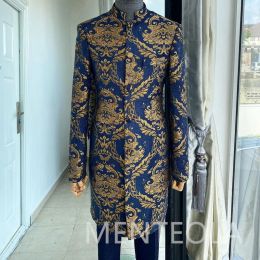 Suits Floral Jacquard Long Men Suits Coat with Navy Blue Pants 2023 2 Piece Stand Collar Wedding Tuxedo for Groom Indian Male Fashion