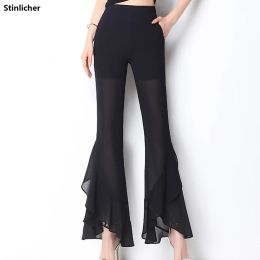 Capris Summer Chiffon Ruffle Boot Cut Women's Pants Trousers Korea Fashion Office Ladies Work AnkleLength Cropped Pants Female Bottoms