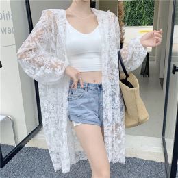 Jackets Summer Boho Sexy See Through Long Sleeve Hooded Cardigan Korean Lace Cover Up Women White Beach Dress Ladies Bikini Cape Jacket