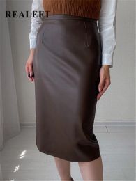 Skirt REALEFT 2023 New Autumn Winter PU Faxu Leather Women's Wrap Skirts High Waist Back Split Sheath Pencil Sexy Skirt Female