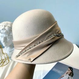 Spring Fashion Vintage Women Ladies Wool Fedora Hat Bucket Dome Bell Bow Felt Hats Cap 240229
