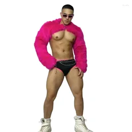 Stage Wear Sexy Club Party Male Women Gogo Costume Pink Faux Fur Shoulder Sleeve Shorts Outfits DJ Pole Dance Performance Clothes