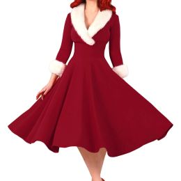 Dress 2023 Winter Red Christmas Dress for Women Plush Furry Collar Patchwork Party A Line Dress Elegant Lady Swing A Line Vestido Robe