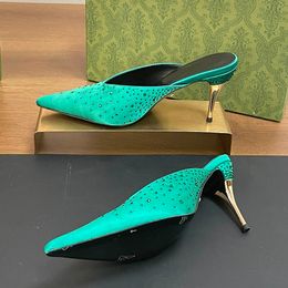 8.5cm Crystal Mules Slides Slippers Designer Sandal Women Heels Shoes Silk Satin Rhinestone Sandals Pointed Toes Baotou Slipper 2024 Spring Single Shoes Metal Heel