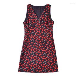 Casual Dresses YENKYE French Retro Cherry Print Summer Tank Dress Women Sleeveless V Neck A-line Short Holiday Robe