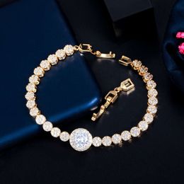 Shining 18k Gold Plated Top White Round Cubic Zircon Evening Party Tennis Bracelet Jewelry for Female Wedding Christmas Gift