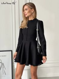 Dress Mnealways18 Black Lace Elegant Button Dress ONeck Elegant Long Sleeve ALine Slim Dress Spring 2024 Office Ladies Mini Dresses