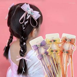 Hair Accessories 2Pcs/Set China Ancient Headwear Pastoral Style Simulation Flower Bow Tie Hairpin Long Tassel Clip Children