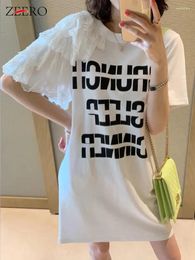 Party Dresses Korea Summer Streetwear Letters Print Ruffles Lace Patchwork T Shirt Loose Women Casual White Long Tee Mini