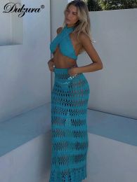 Suits Dulzura Matching Suit Knitted Crochet Boob Halter Top Embroidery Hole See Through Maxi High Side Slit Skirt 2023 Summer Women