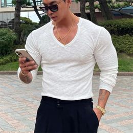 Long Sleeve Tshirt Men Vneck Cotton Bodybuilding Underwear Shirts autumn Jogger Sports Slimfit print top 240223