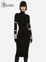 Dress VC Luxury Party Dresses For Women Long Sleeve Gloves With Crystal Bandage Black Midi Dress Evening Gowns 2023 Autumn Winter