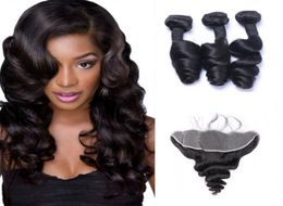 Brazilian Loose Wave Human Hair Weaves 3 Bundles with 13x4 Lace Frontal Ear to Ear Full Head Natural Colour Can be Dyed Human Hair2601571