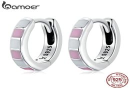 Hoop Huggie 925 Sterling Silver Simple Cheque Fashion Ear Buckles for Women Light Pink White Colour Earrings Fine Jewellery Gift 221002739251