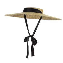 New Large Brim Straw Hat Summer Hats For Women Ribbon Beach Cap Boater Flat Top Sun Hat257r