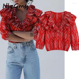 Women's Blouses Nlzgmsj Za 2024 Women Red Embroidery Ruffle Crop Shirts V-neck Long Sleeve Female Casual Tops