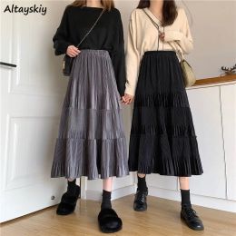 Dresses Skirts Women High Waist Golden Veet Pleated Vintage Chic Stylish Loose Fashion Korean Style Allmatch Autumn Simple Ladies Ins