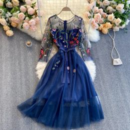 Dress Floral Embroidery Vintage Evening Party Maxi Dress Women 2021 Elegant Sexy Half Sleeve Patchwork Mesh Formal Swing Full Dress