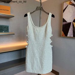 New 2024ss Womens Dress European Fashion brand Beige tweed sequin sparkle diamond embellished edge strap womens dress