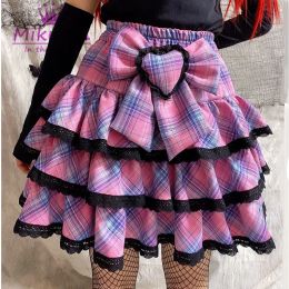 skirt Japanese Sweet Bow Pink Plaid Lace Cake Skirts Ball Gown Fashion Gothic Lolita Kawaii Mini Skirts