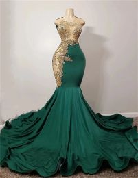 Mermaid Emerald Green African Prom Dress for Black Girl Gold Applique Diamond Crystal Gillter Skirt Evening Formal Gown