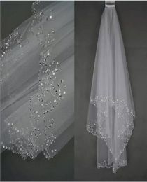 In Stock WhiteIvory Bridal Wedding Veil 2 Layer Tulle Perfect Handmade Sequins Beaded Edge Hair Accessories Bridal Veils With Com7772772