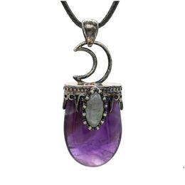 Pendant Necklaces Jln Flat Oval Stone Pendant Antique Sier Plated Crown Moon Charm Accessory Plus Labradorite Bead Necklace With Leath Dh8Hb