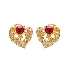 Stud Earrings Fraya Heart Shaped Leaves Red Diamonds 925 Sterling Silver Pin 18K Gold Plated Trendy Lovely Fine Jewelry