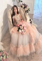 Luxury Pink Princess Girls Pageant Dresses Ball Gown Fur Tiered Tulle Long Kids Formal Gowns Birthday Prom Dress6017266