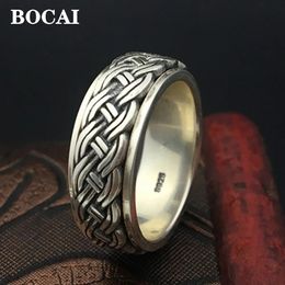 BOCAI Real S925 Sterling Silver Jewelry Fashion Retro Thai Man Ring Hemp Rope Simple Rotating Turn to Good Luck 240220