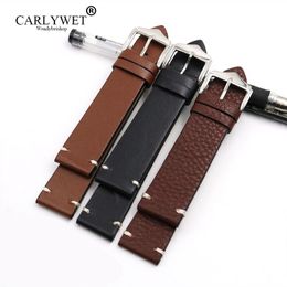 CARLYWET 20 22 24mm Cowhide Smooth Vintage Leather Black Brown Replacement Watch Band Strap Belt With Polished Buckle210m