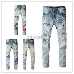 Men's Jeans Luxurys Designer Mens Jeans Top Quality Design Hole Camouflage Patch Spliced Ripped High Street Destroyed Denim Jean s US Size W28-W40 240308