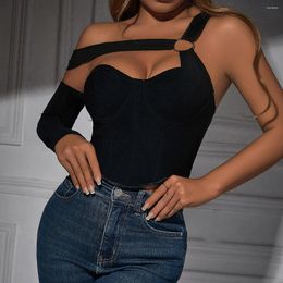 Women's Tanks Aesthetic Top Woman Black One-shoulder Long Sleeves Bustier Trend 2024 Sexy Backless Corset Summer Tank Tops Slim Camis