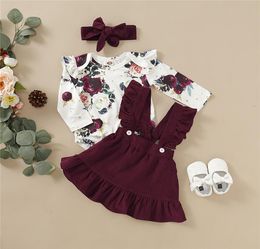 Cute Kids Clothes Spring Autumn Infant Baby Girl Clothes Floral Romper Strap Skirt Dress Headband 3PCS Outfits Toddler Clothing Se7184488