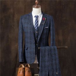 Men Business Formal Slim Fit Wedding Prom Suits Male Boutique Plaid Design Groom Dress Blazers Jacket Pants Vest 3 Pieces Set 240227