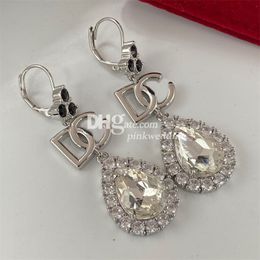 Luxury High Quality Drop Stud Hang Shiny Diamonds Earring Vintage Letter Sliver Earring Valentine Gift With Box