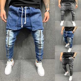 Men's Jeans Mens Jeans Mens Fit Zipper Pocket Design High Street Men Distressed Denim Joggers Pants Washed Pencil 240308