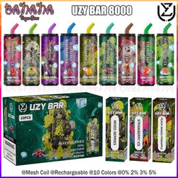 Original UZY Bar 8000 Puffs Disposable Vape Rechargeable Mesh Coil E-cigarettes Puff 8k 18ml Pre-filled Carts 0% 2% 3% 5% 10 Flavours