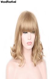 WoodFestival Female Synthetic Hair Wig With Bangs Wavy Cosplay Bob Short Wigs For Women Blonde Natural Black Dark Brown Ladies4077382