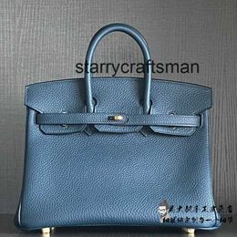 Genuine Leather Handbag L Handmade Togo Calf Leather Bag with Lychee Pattern Genuine Leather Handbag for Womens Shoulder Bag Midnight Blue