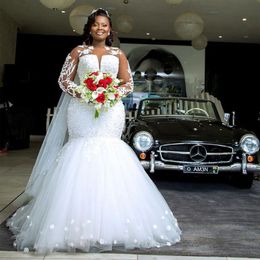 2024 African Mermaid Wedding Dress Sheer O-neck Lace Appliques 3D Flowers Organza Tulle Women Bridal Gown New Design Vestidos De Novias Custom Made