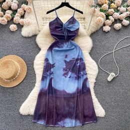 Casual Dresses Sexy Lace Up V Neck Tie Dye Printed Mesh Long Dress Women Elegant Spaghetti Strap Sleeveless Backless Slim A Line Beach