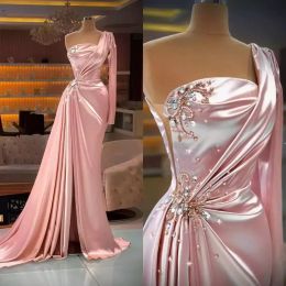 One Shoulder Pink Prom Dresses Shiny Beaded Sequins Mermaid Evening Dress High Split Custom Made Ruched Satin Vestidos De 0425